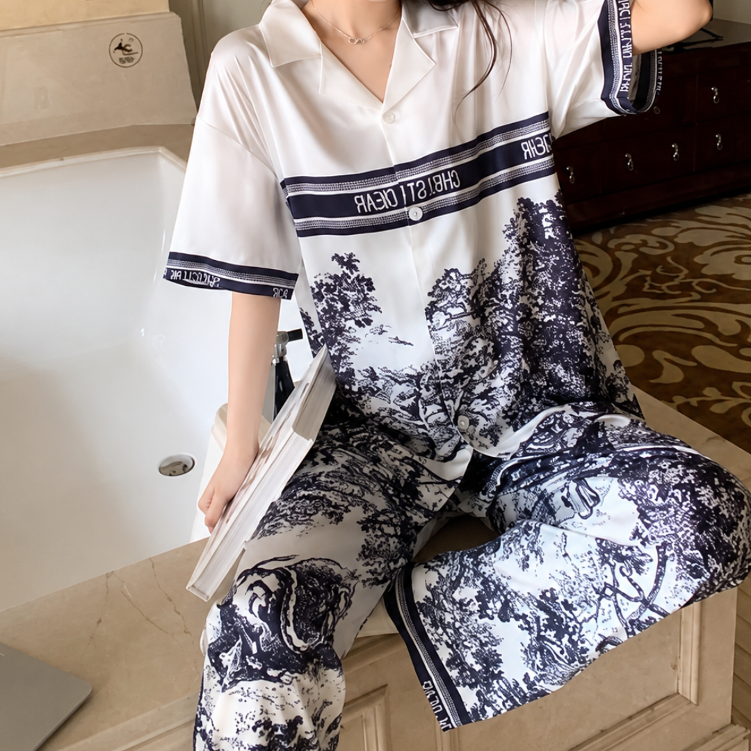 Soft Button Down Short Sleeve Sleepwear with Long Pants Breathable Lightweight Loungewear