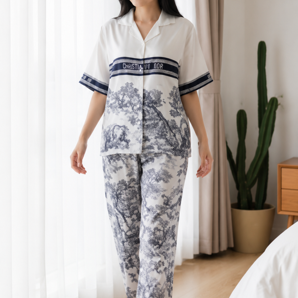 Soft Button Down Short Sleeve Sleepwear with Long Pants Breathable Lightweight Loungewear