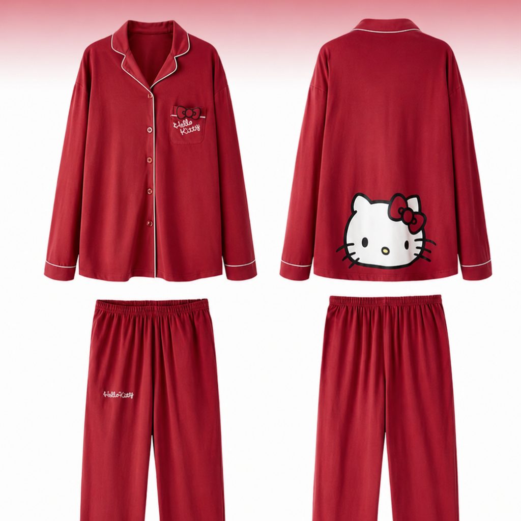 Hello Kitty Pajama Set Soft Cotton Long Sleeve Button Down Sleepwear 2 Piece Cute