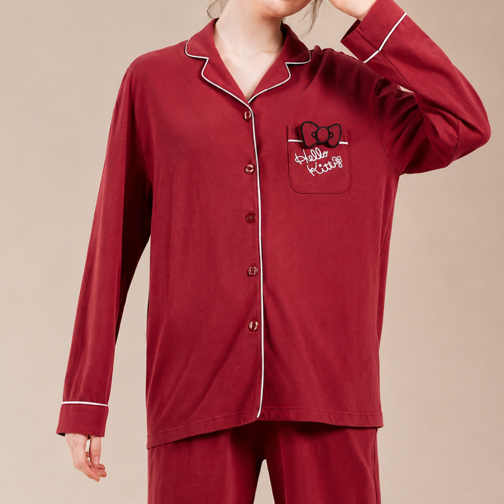 Hello Kitty Pajama Set Soft Cotton Long Sleeve Button Down Sleepwear 2 Piece Cute