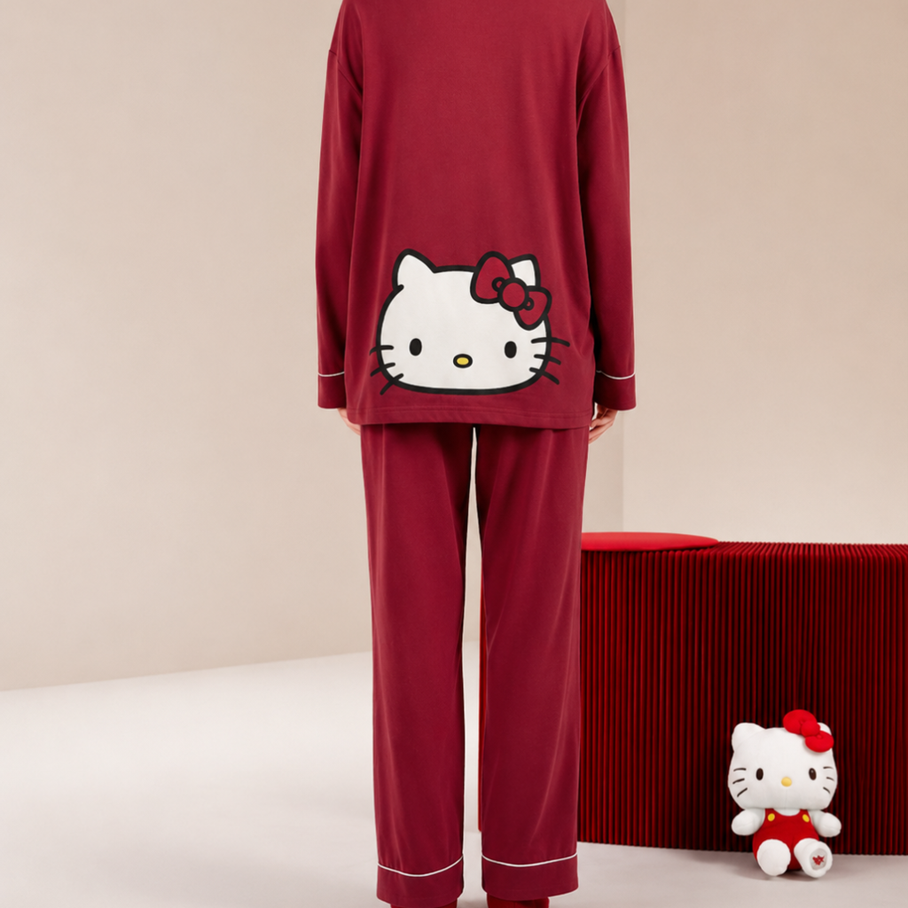 Hello Kitty Pajama Set Soft Cotton Long Sleeve Button Down Sleepwear 2 Piece Cute