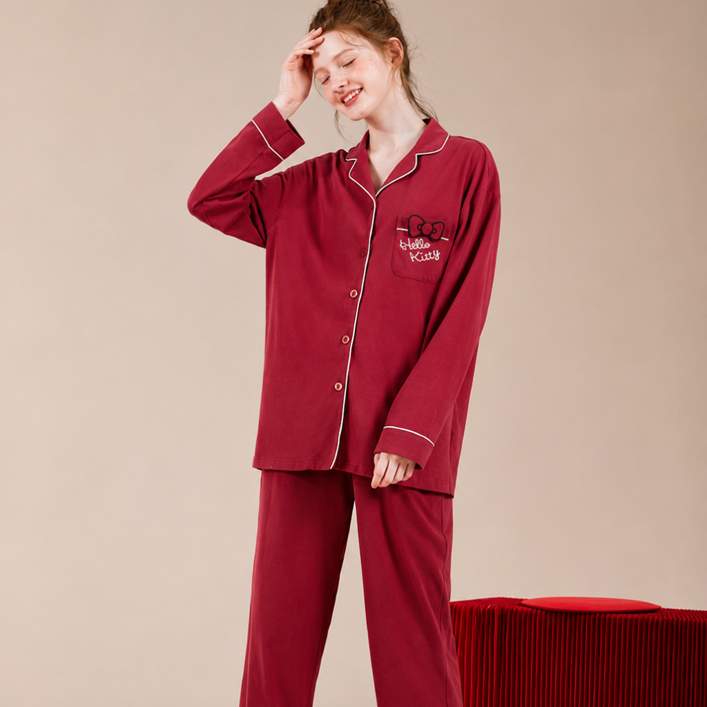 Hello Kitty Pajama Set Soft Cotton Long Sleeve Button Down Sleepwear 2 Piece Cute
