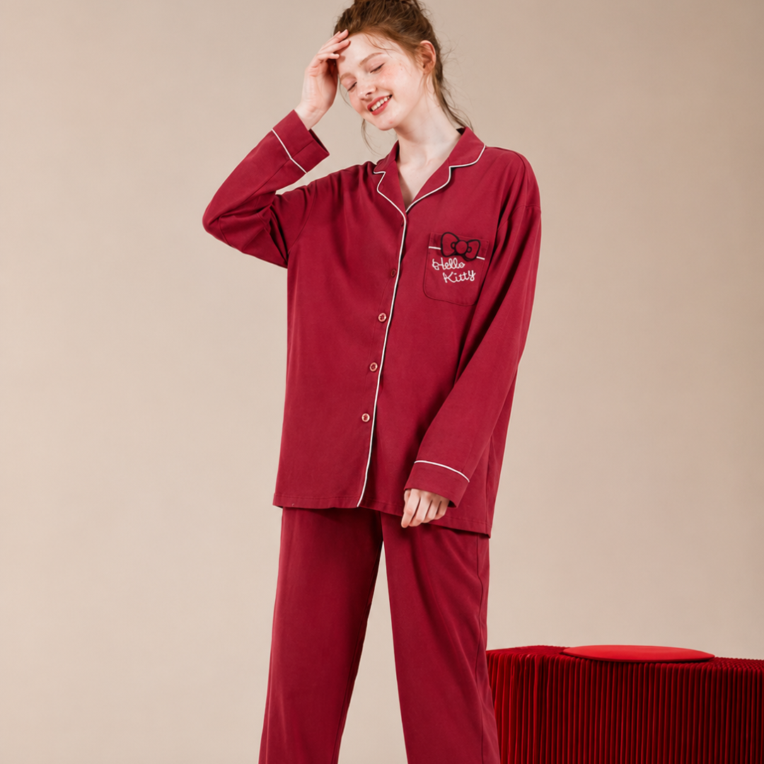 Hello Kitty Pajama Set Soft Cotton Long Sleeve Button Down Sleepwear 2 Piece Cute