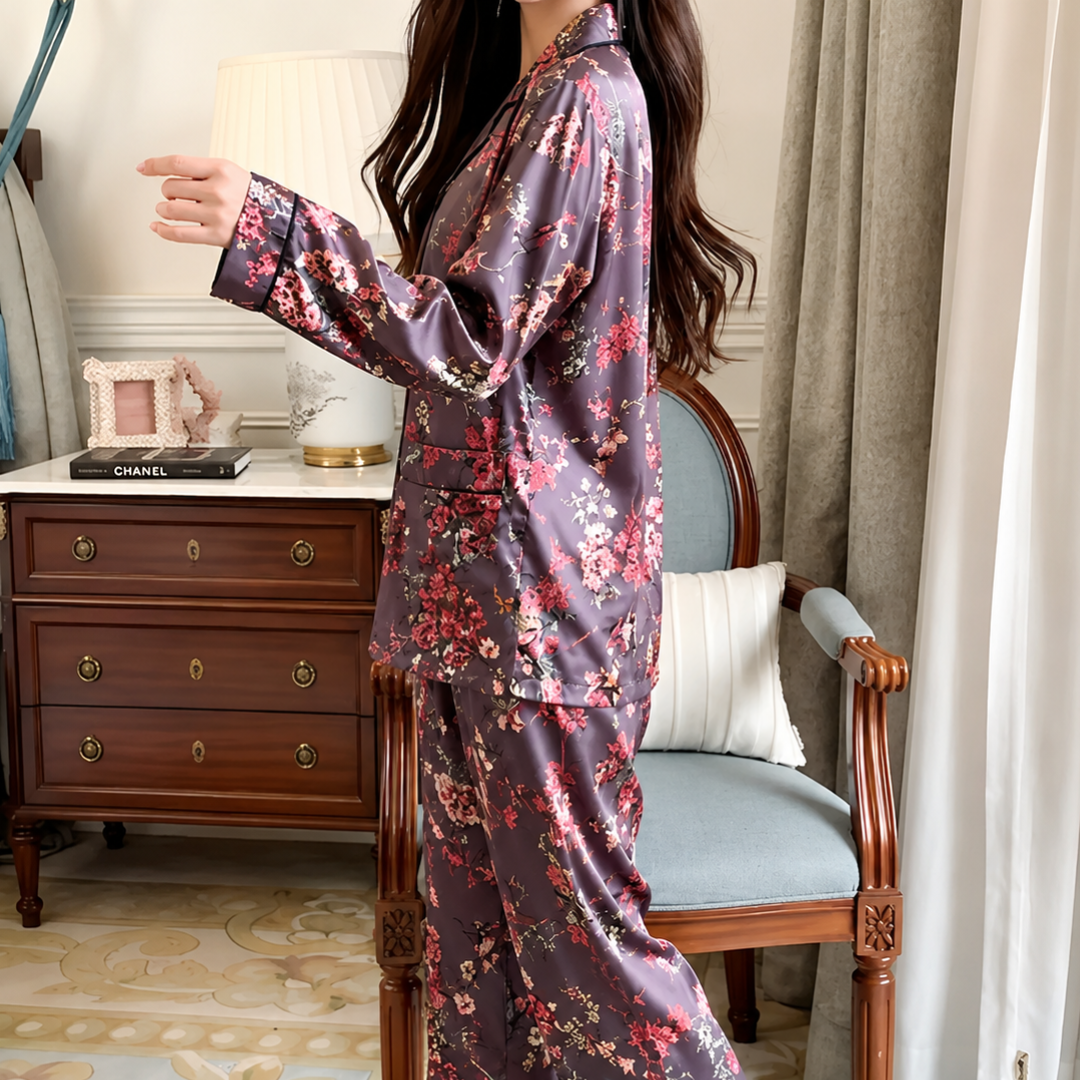 Luxury Satin Pajama Set Floral Print Button Down Long Sleeve Sleepwear