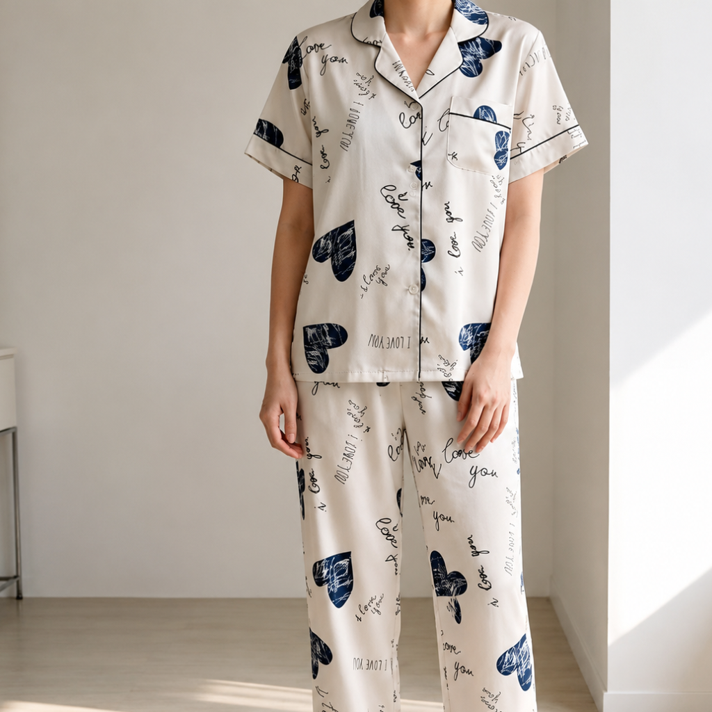 Soft Silk Lounge Set Heart Print Breathable Nightwear