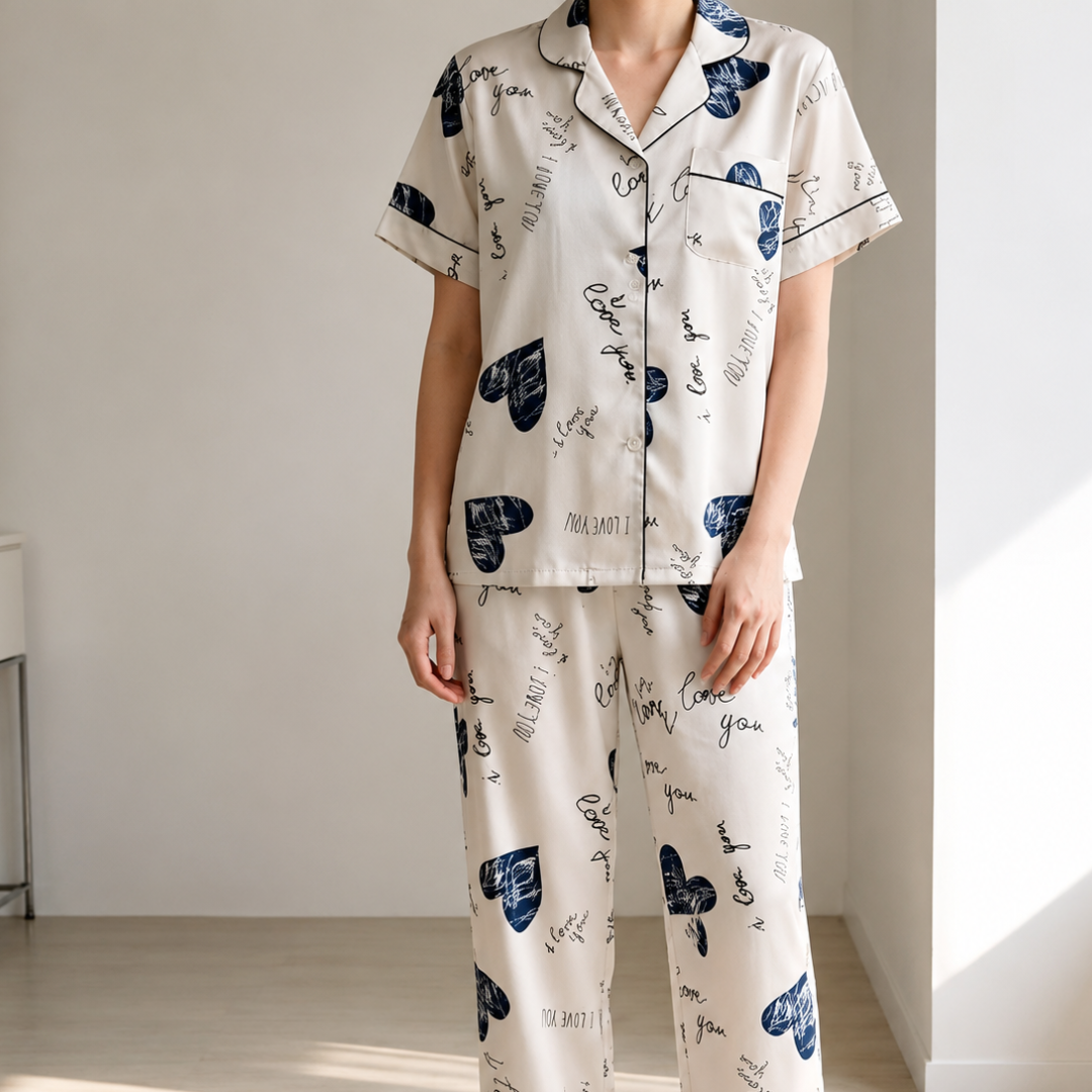 Soft Silk Lounge Set Heart Print Breathable Nightwear