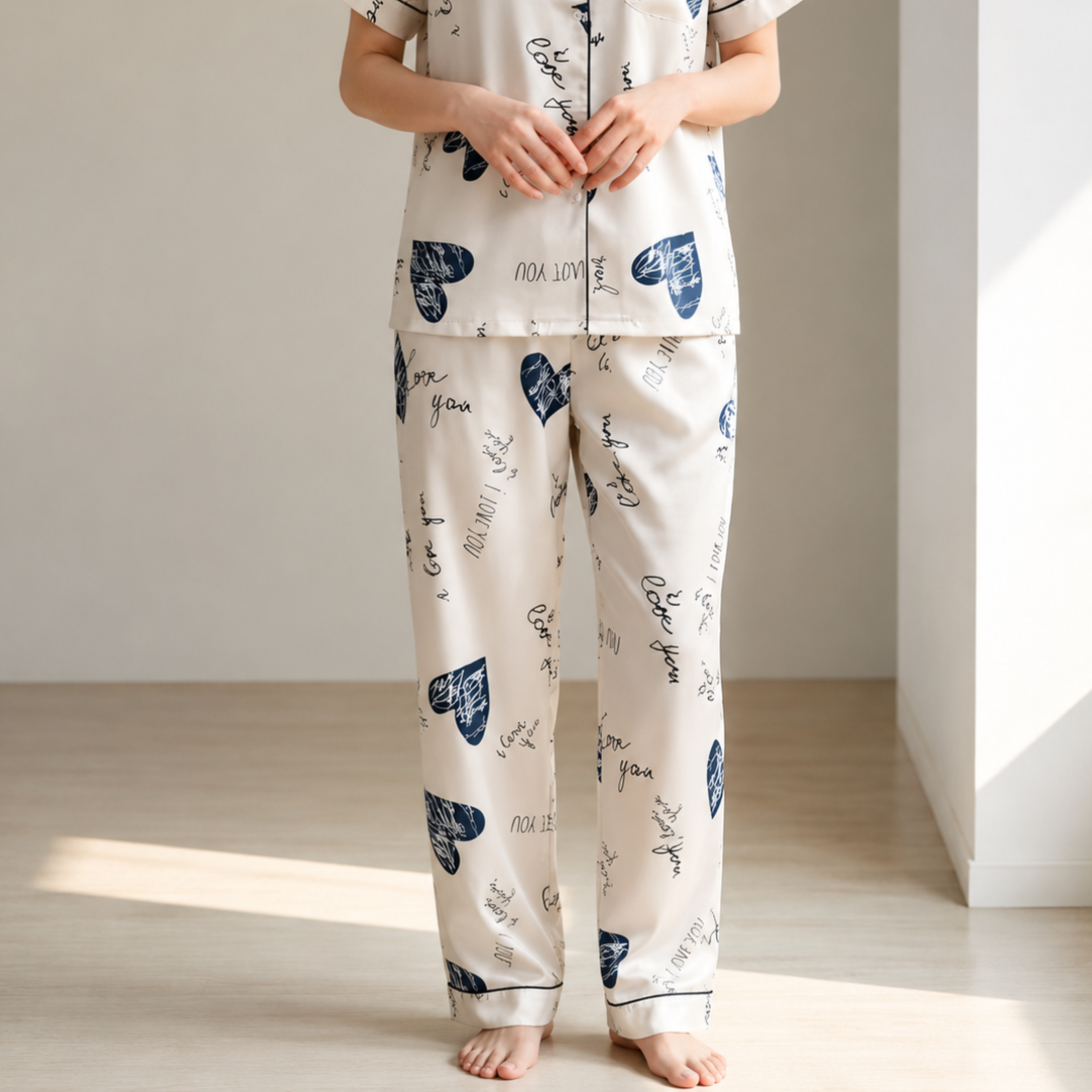 Soft Silk Lounge Set Heart Print Breathable Nightwear