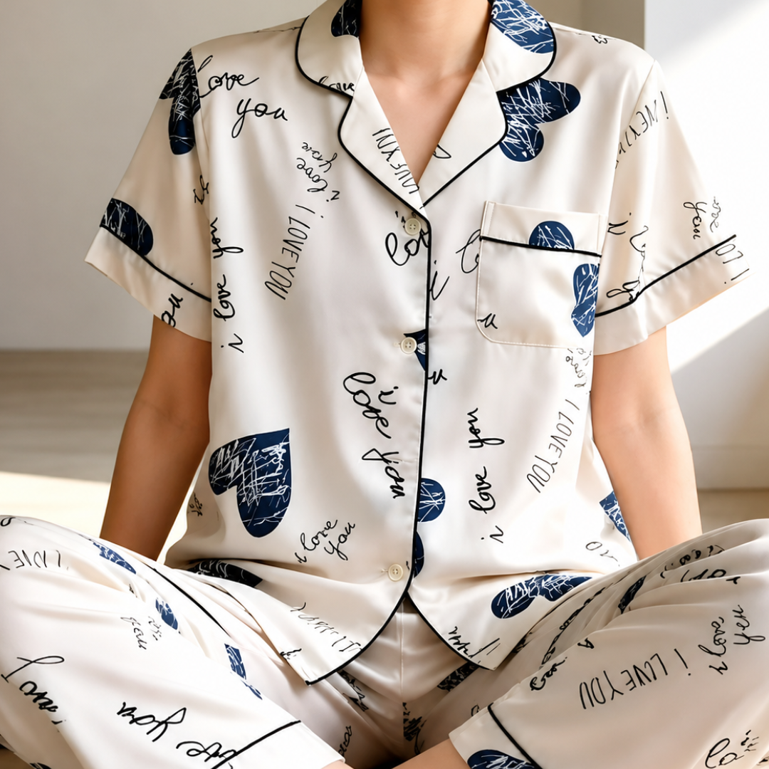 Soft Silk Lounge Set Heart Print Breathable Nightwear