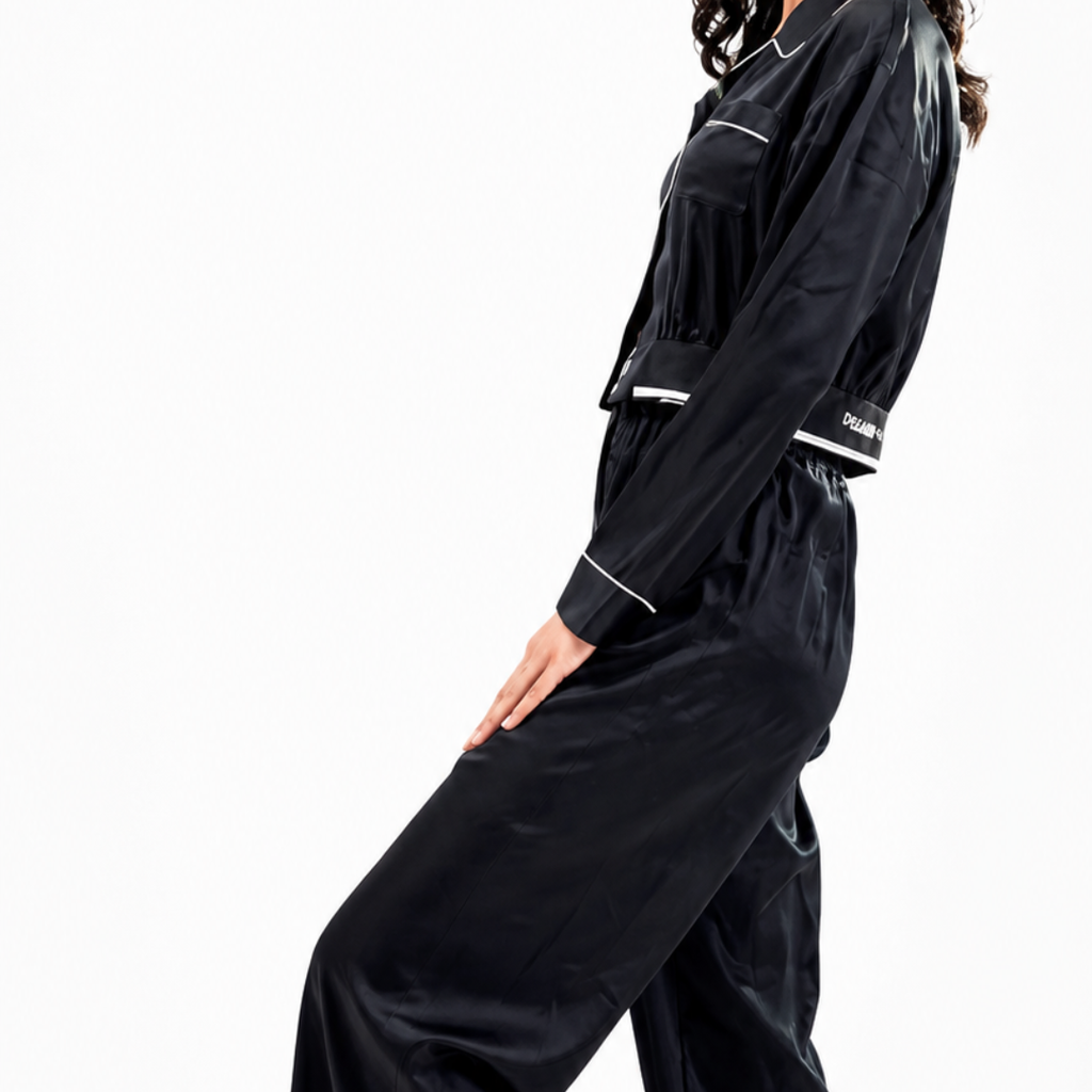 Luxury Black Satin Pajama Set Soft Silky Long Sleeve Button Down Sleepwear