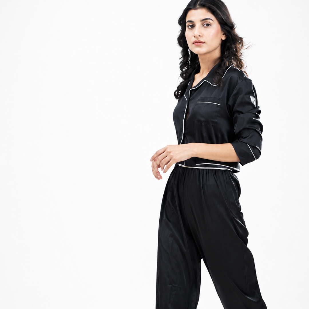 Luxury Black Satin Pajama Set Soft Silky Long Sleeve Button Down Sleepwear