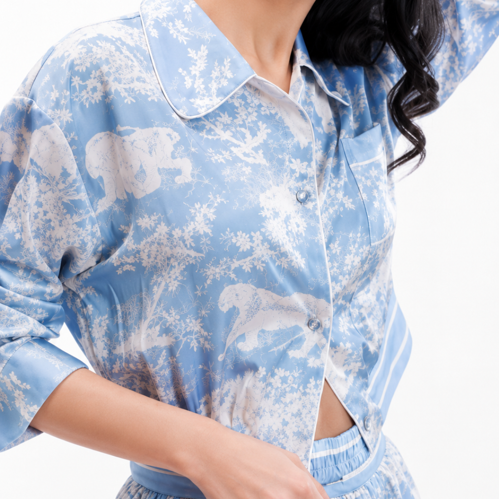 Loungewear 2 Piece Nightwear Blue Floral Print with Elastic Waist Pants
