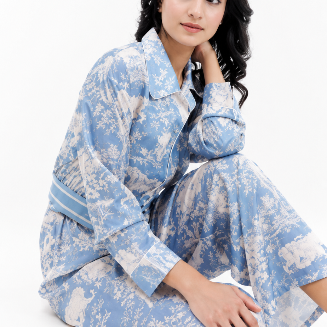 Loungewear 2 Piece Nightwear Blue Floral Print with Elastic Waist Pants