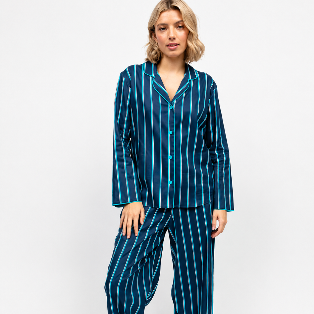 Satin Stripe Pajama Set  Long Sleeve Button Down Sleepwear
