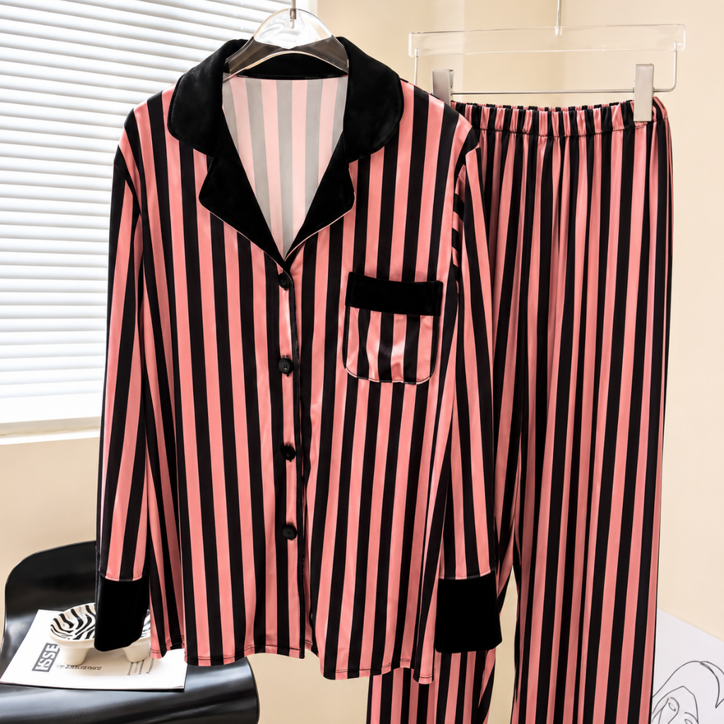 Satin Stripe Pajama Set  Long Sleeve Button Down Sleepwear