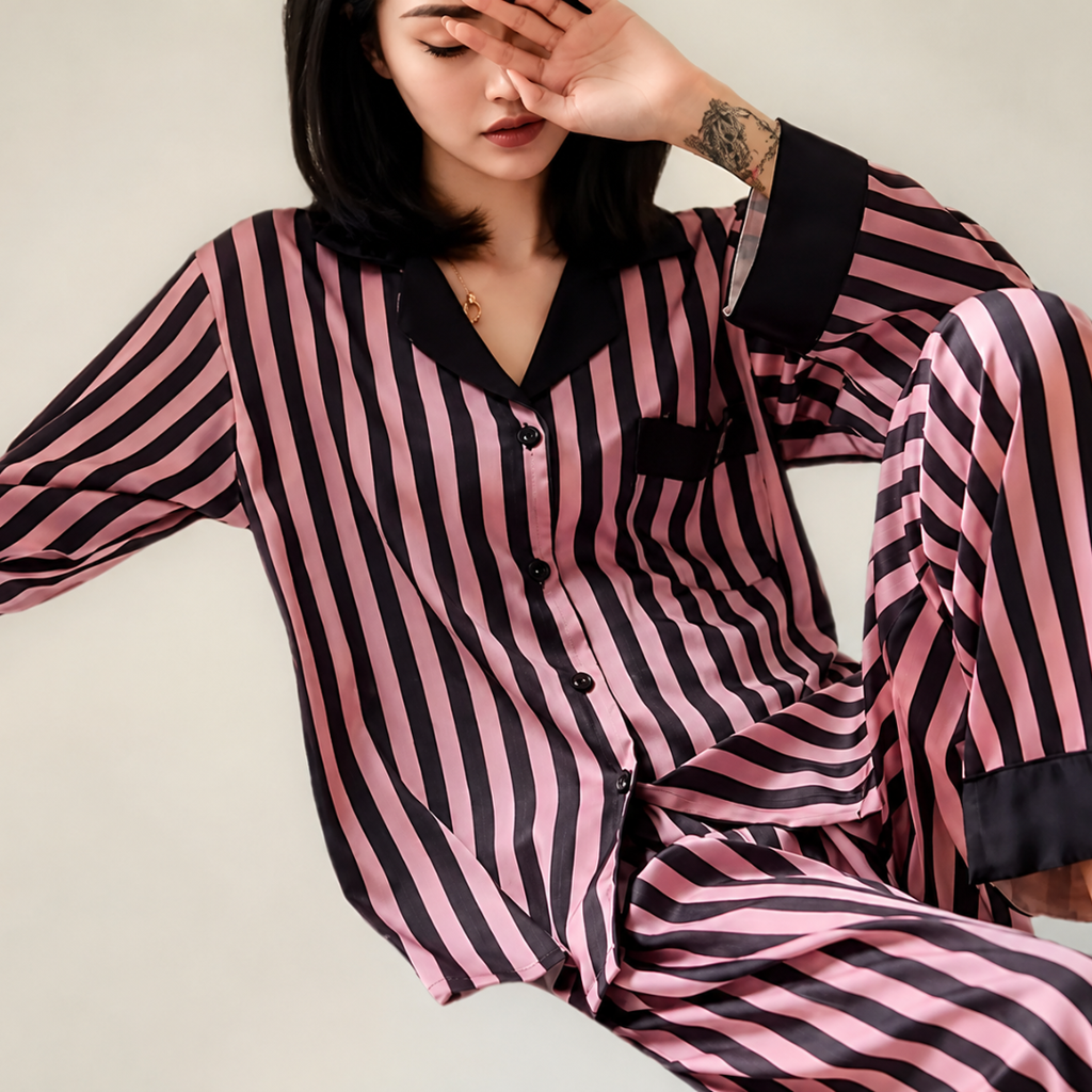 Satin Stripe Pajama Set  Long Sleeve Button Down Sleepwear