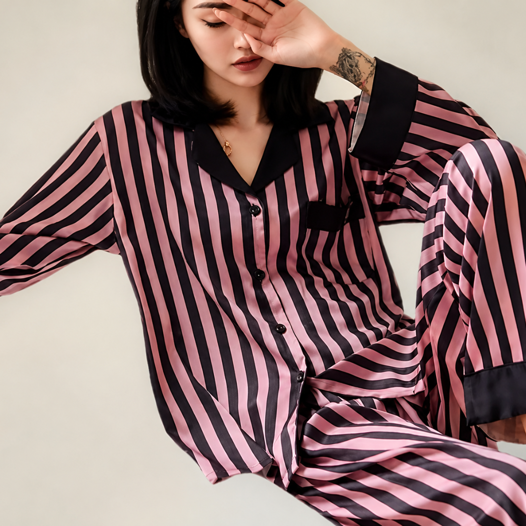 Satin Stripe Pajama Set  Long Sleeve Button Down Sleepwear