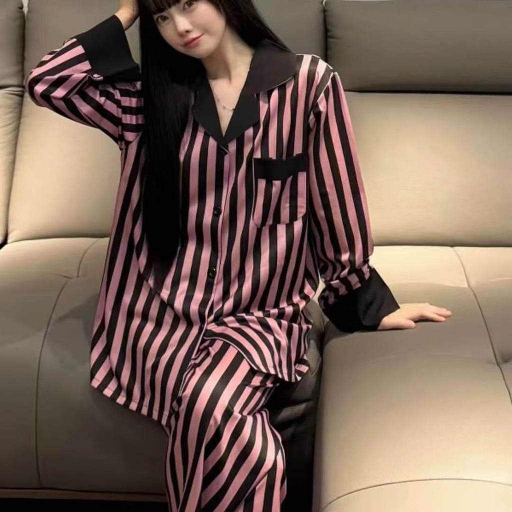 Satin Stripe Pajama Set  Long Sleeve Button Down Sleepwear