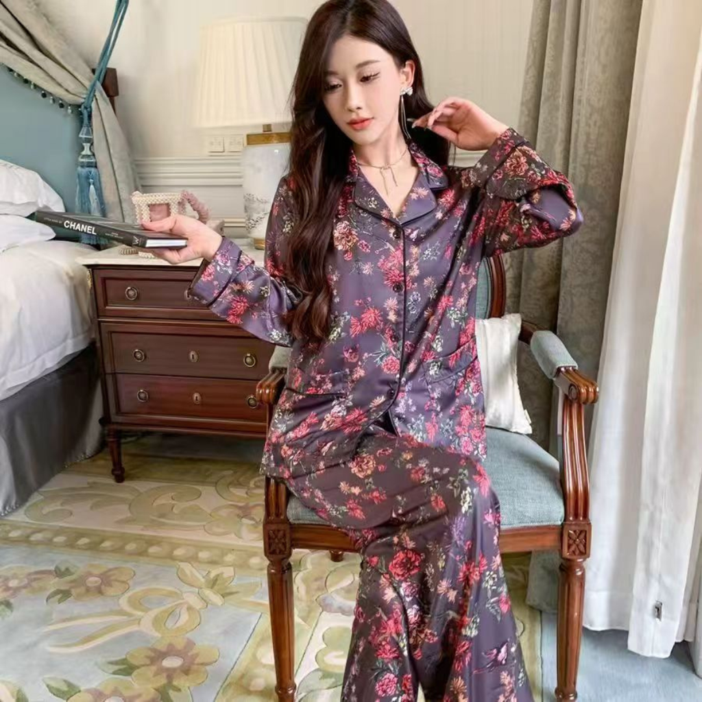 Luxury Satin Pajama Set Floral Print Button Down Long Sleeve Sleepwear