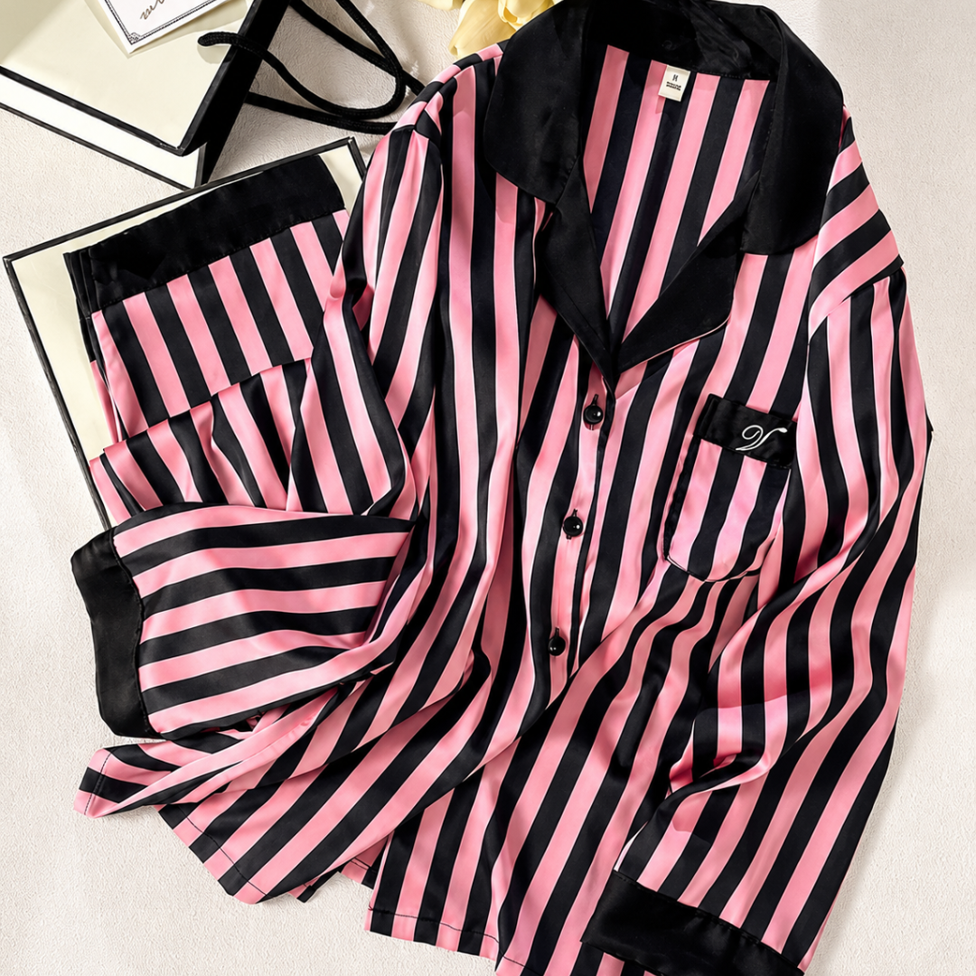 Satin Stripe Pajama Set  Long Sleeve Button Down Sleepwear