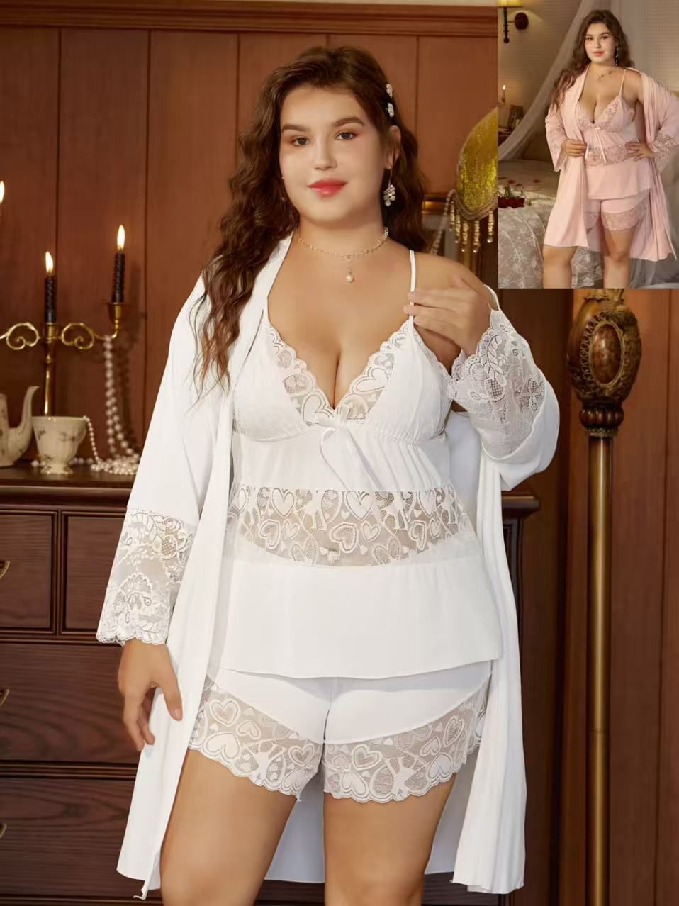 All Size Lace Babydoll Lingerie Set with Matching Robe Chemise Nightgown Honeymoon & Nightwear