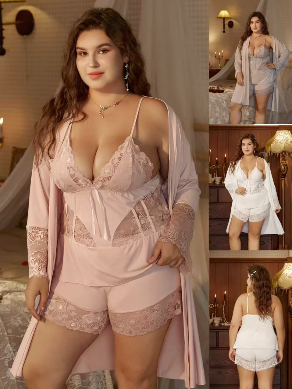 All Size Lace Babydoll Lingerie Set with Matching Robe Chemise Nightgown Honeymoon & Nightwear