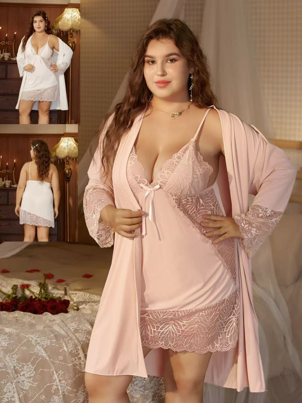 All Size Lace Babydoll Lingerie Set with Matching Robe Chemise Nightgown Honeymoon & Nightwear