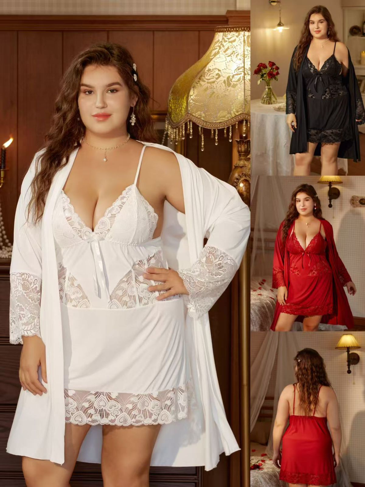 All Size Lace Babydoll Lingerie Set with Matching Robe Chemise Nightgown Honeymoon & Nightwear