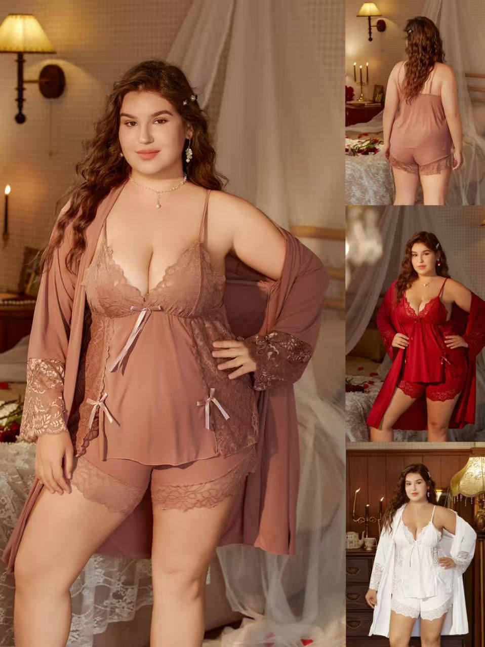 All Size Lace Babydoll Lingerie Set with Matching Robe Chemise Nightgown Honeymoon & Nightwear
