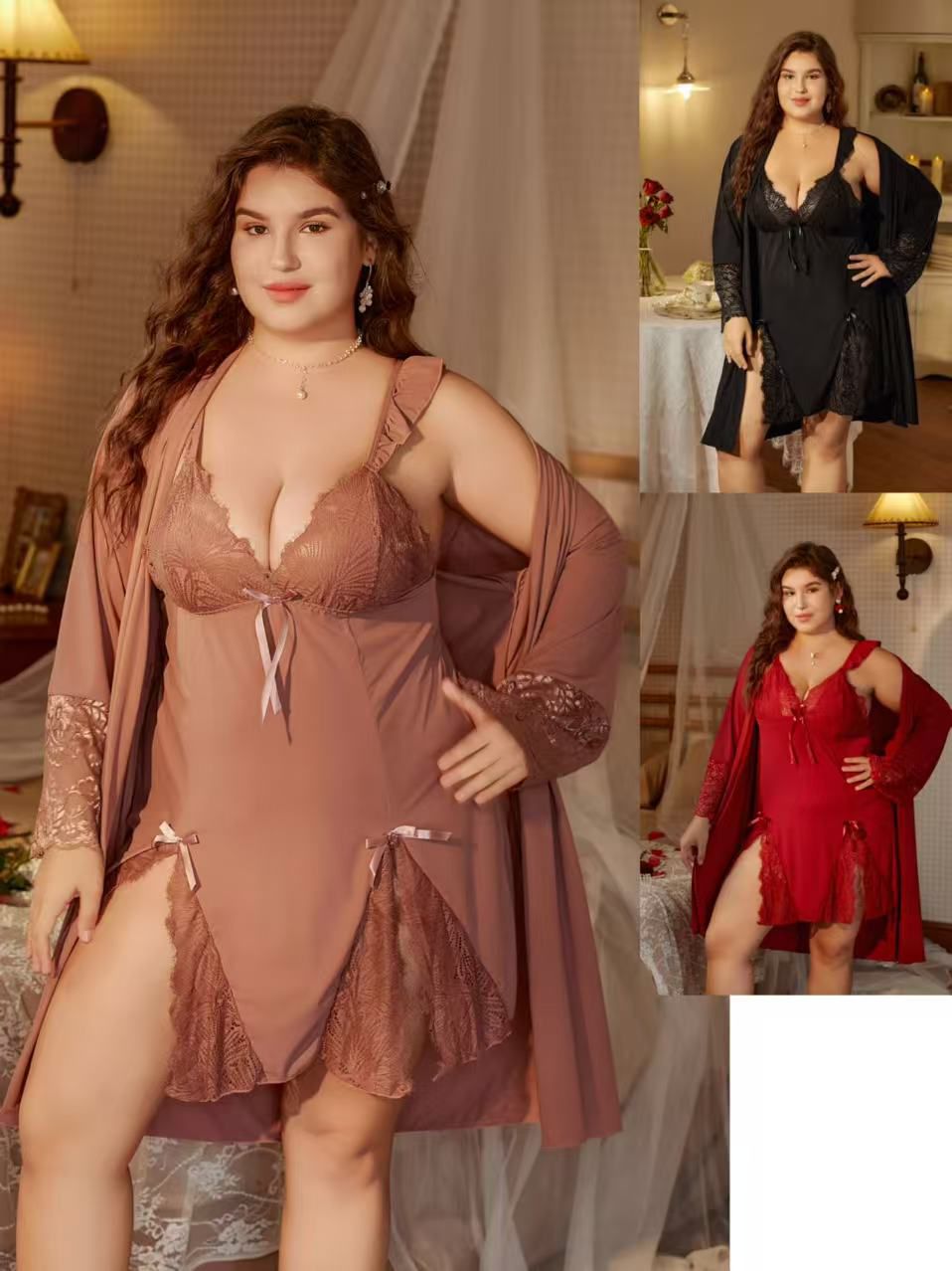 All Size Lace Babydoll Lingerie Set with Matching Robe Chemise Nightgown Honeymoon & Nightwear