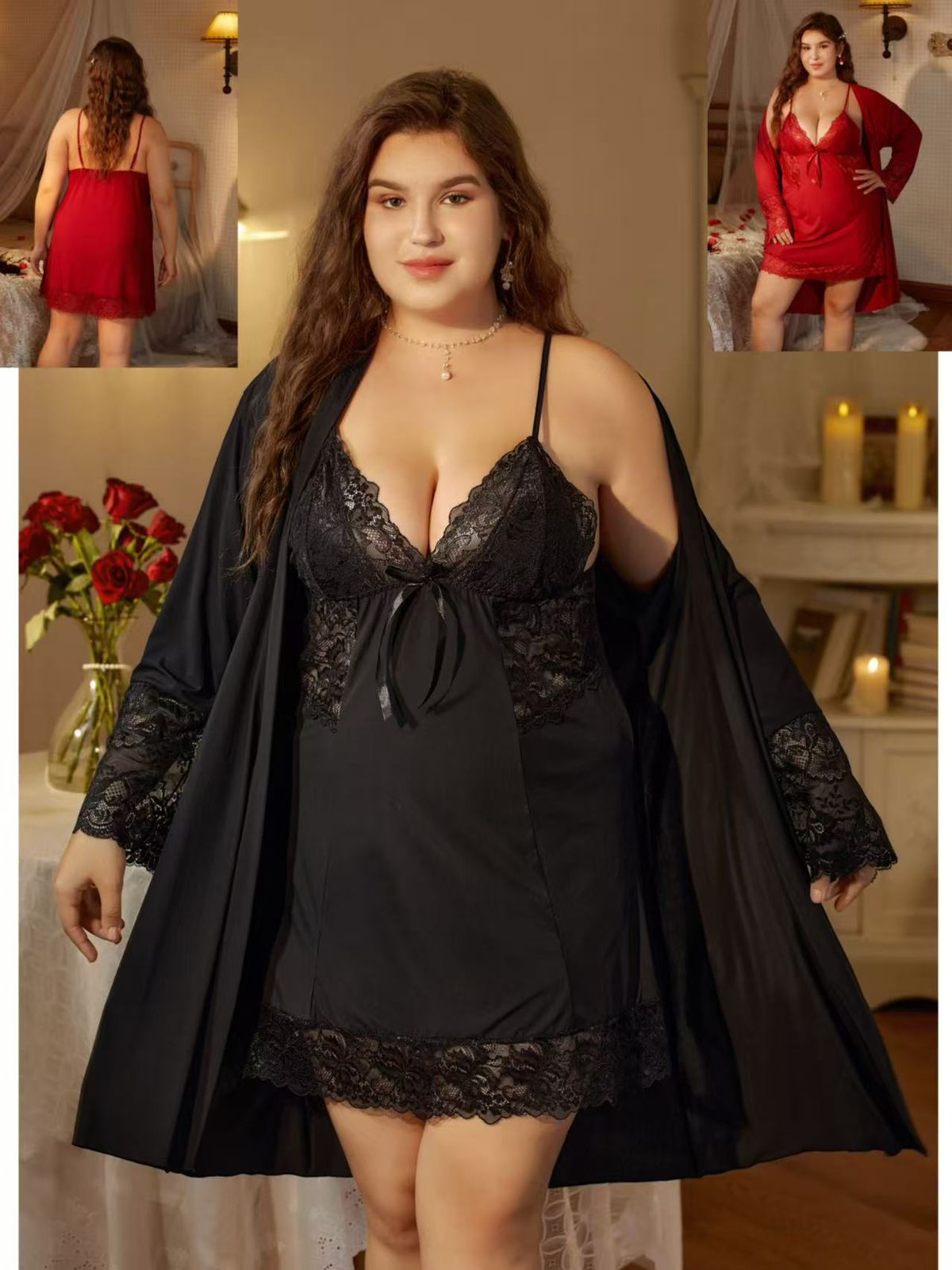 All Size Lace Babydoll Lingerie Set with Matching Robe Chemise Nightgown Honeymoon & Nightwear