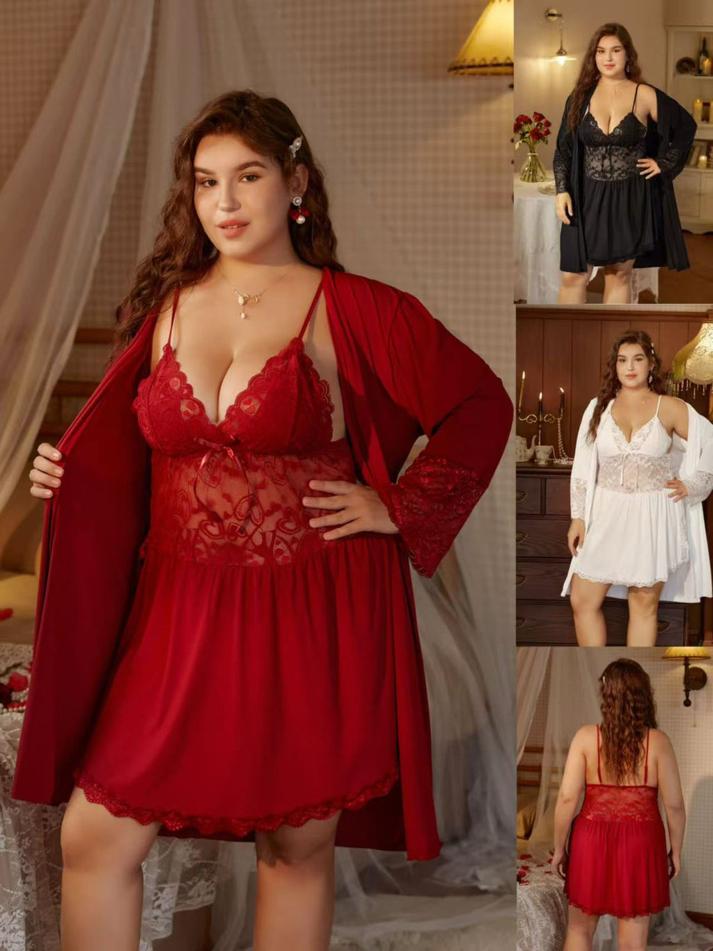 All Size Lace Babydoll Lingerie Set with Matching Robe Chemise Nightgown Honeymoon & Nightwear