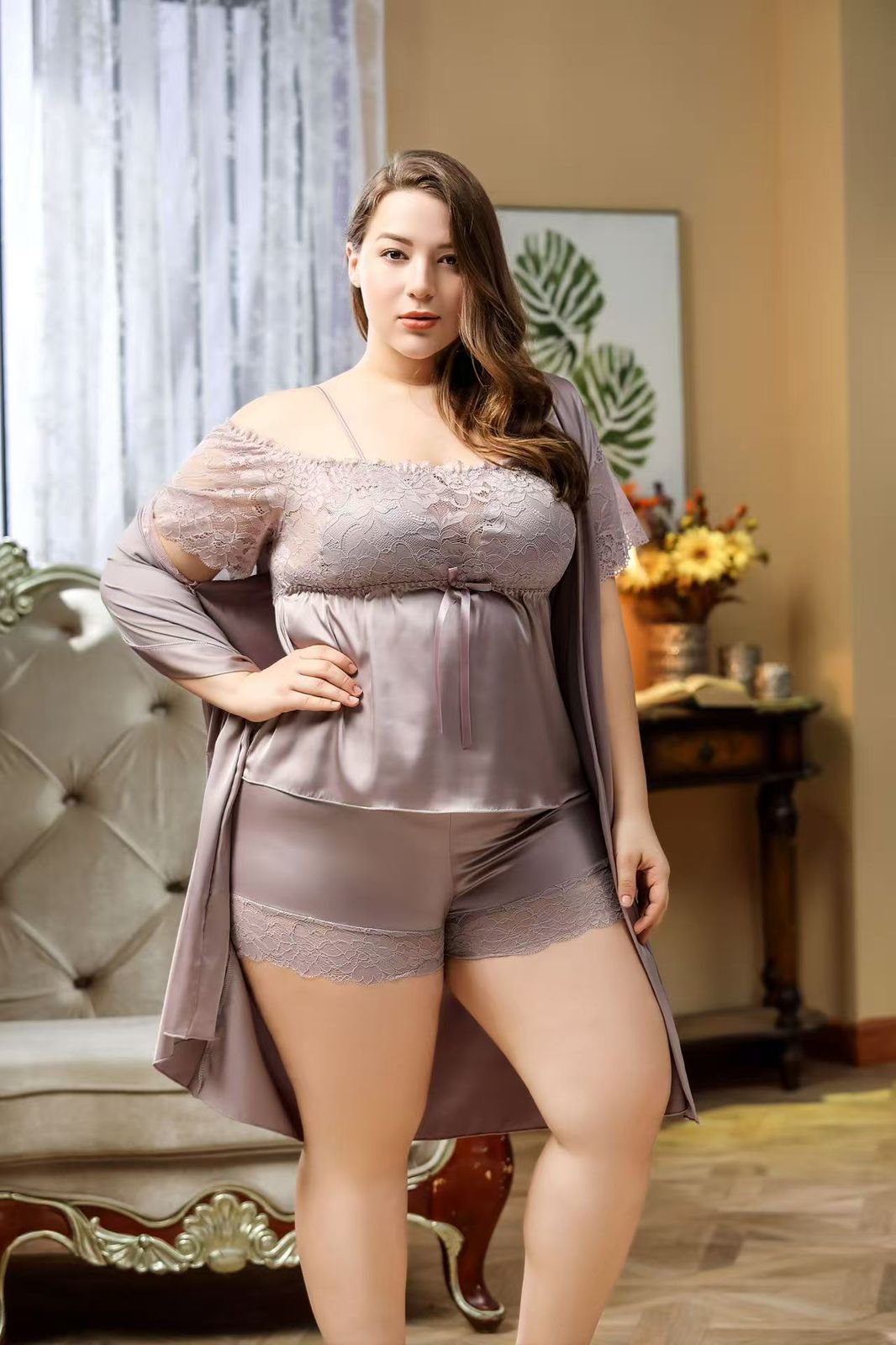 3 Piece Lace Sleepwear Set Soft Silky Cami Top Shorts & Kimono Robe