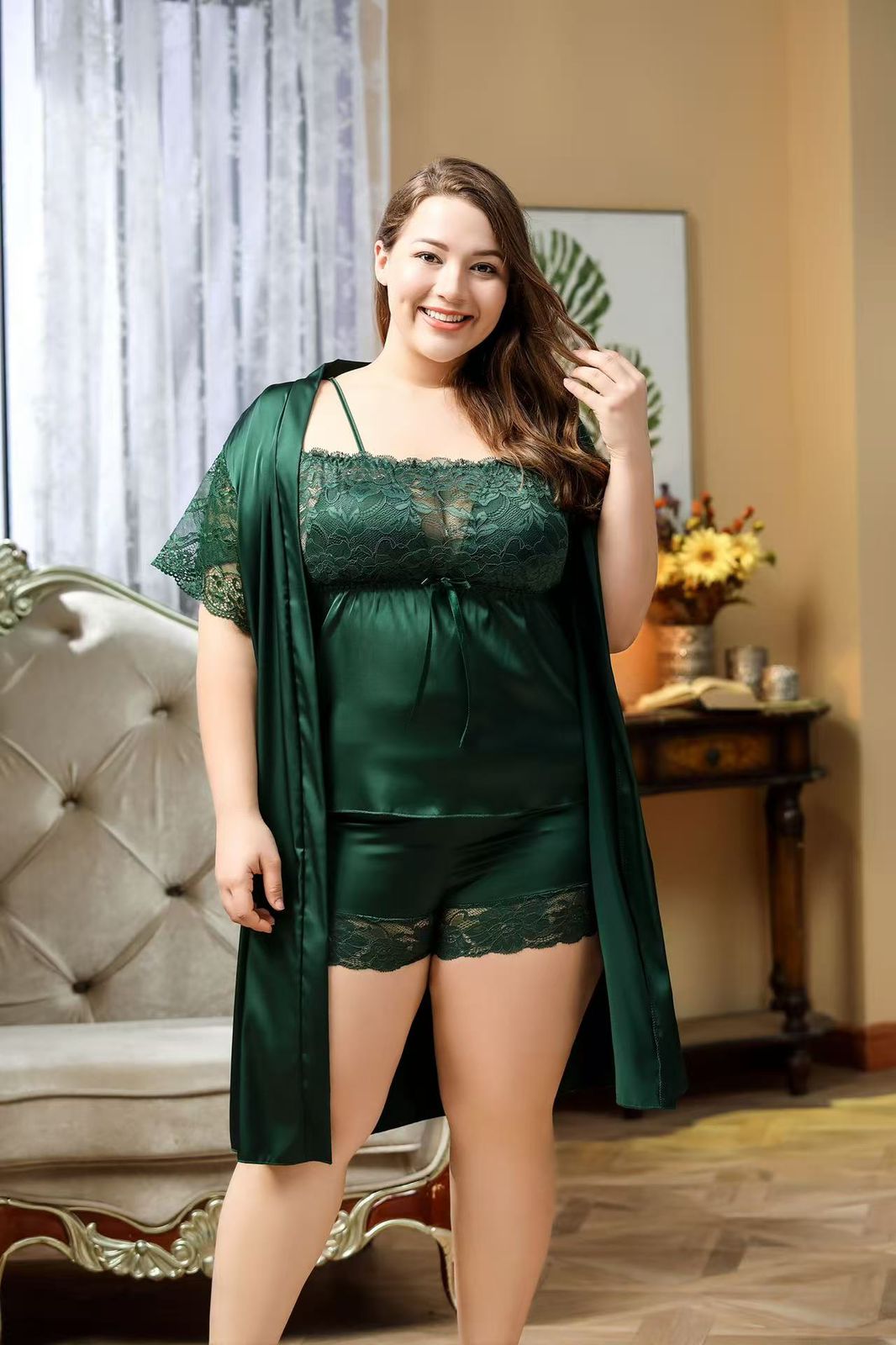 3 Piece Lace Sleepwear Set Soft Silky Cami Top Shorts & Kimono Robe