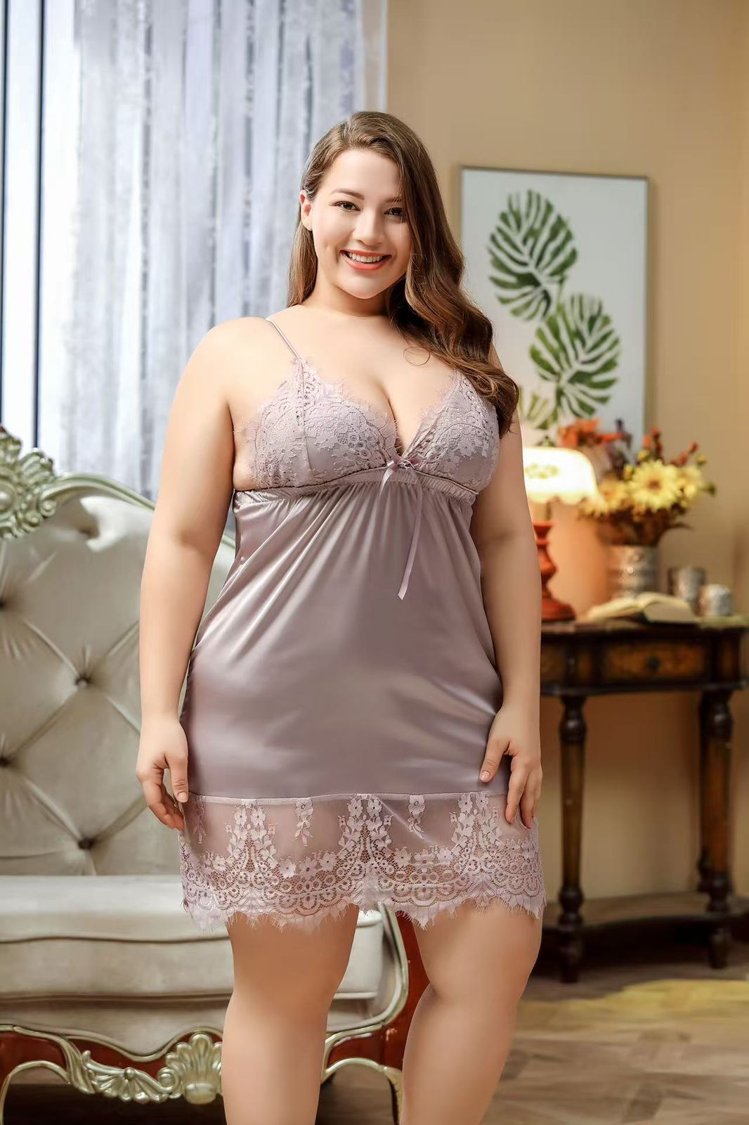 Plus Size Women's Satin Lace Babydoll Nightgown Set with Matching Robe