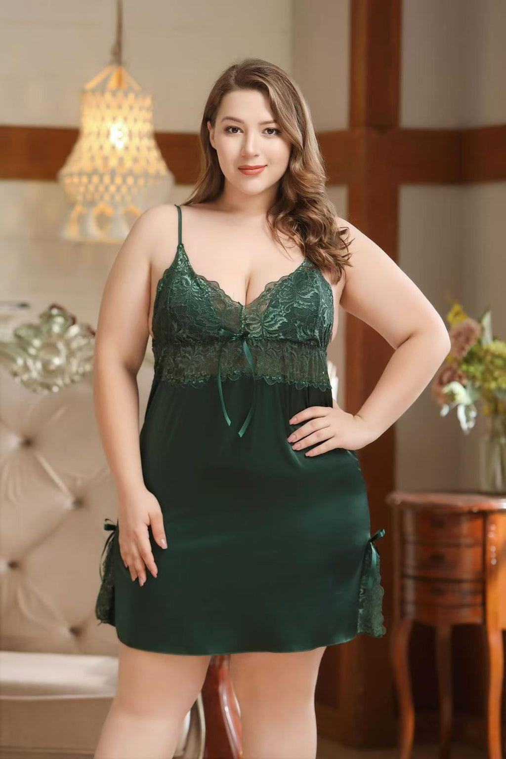 Plus Size Women's Satin Lace Babydoll Nightgown Set with Matching Robe