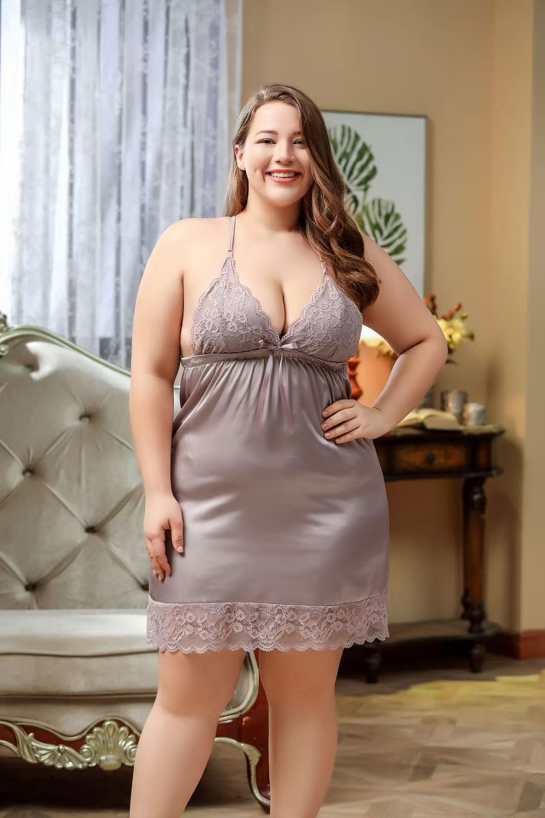 Plus Size Women's Satin Lace Babydoll Nightgown Set with Matching Robe