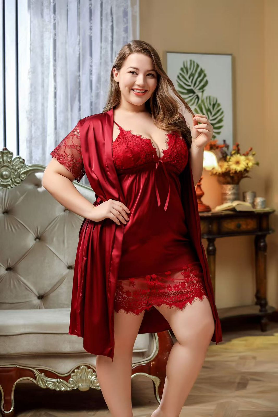 All Size Lace Babydoll Lingerie Set with Matching Robe Chemise Nightgown Honeymoon & Nightwear