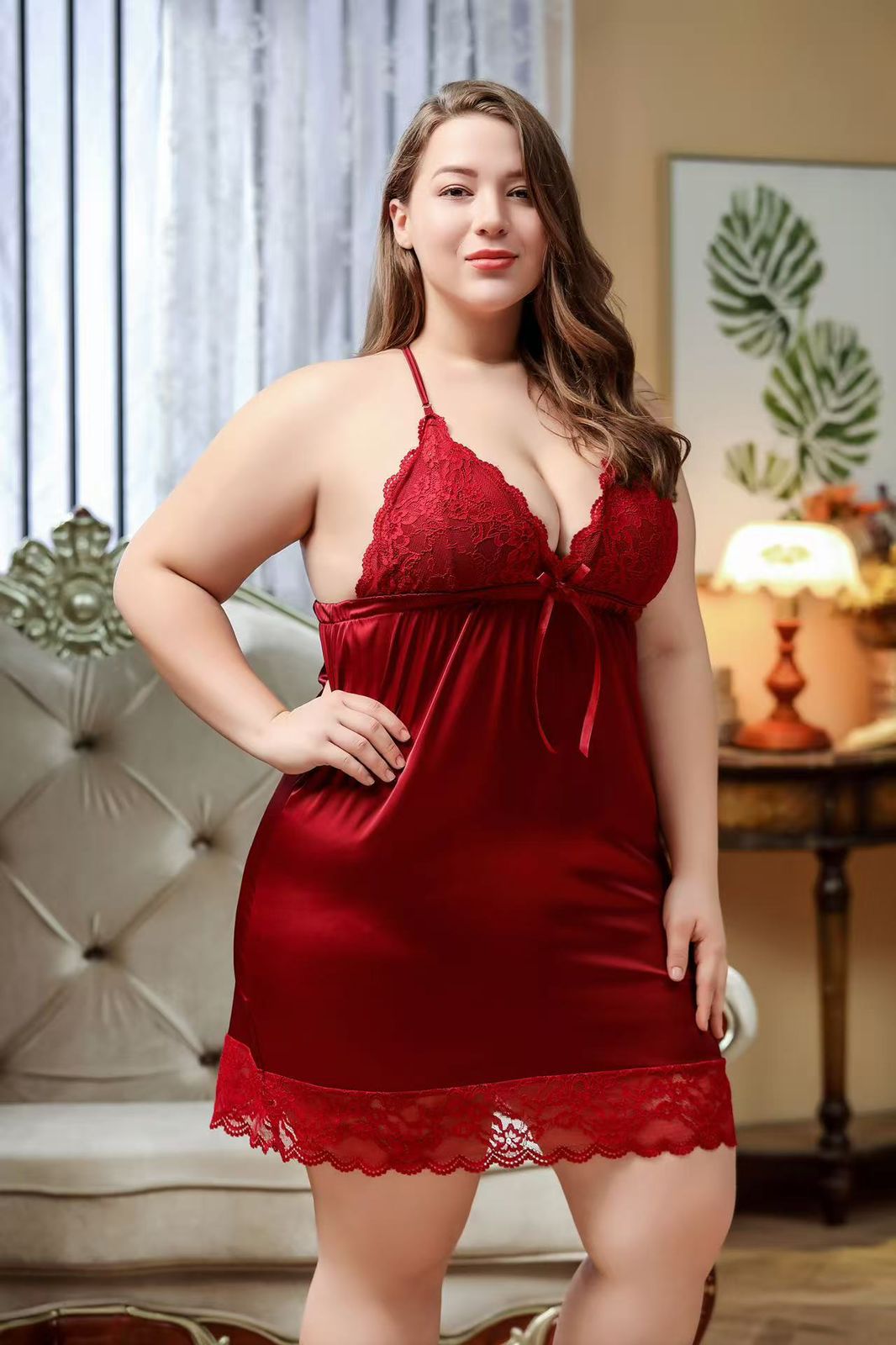 Plus Size Women's Satin Lace Babydoll Nightgown Set with Matching Robe