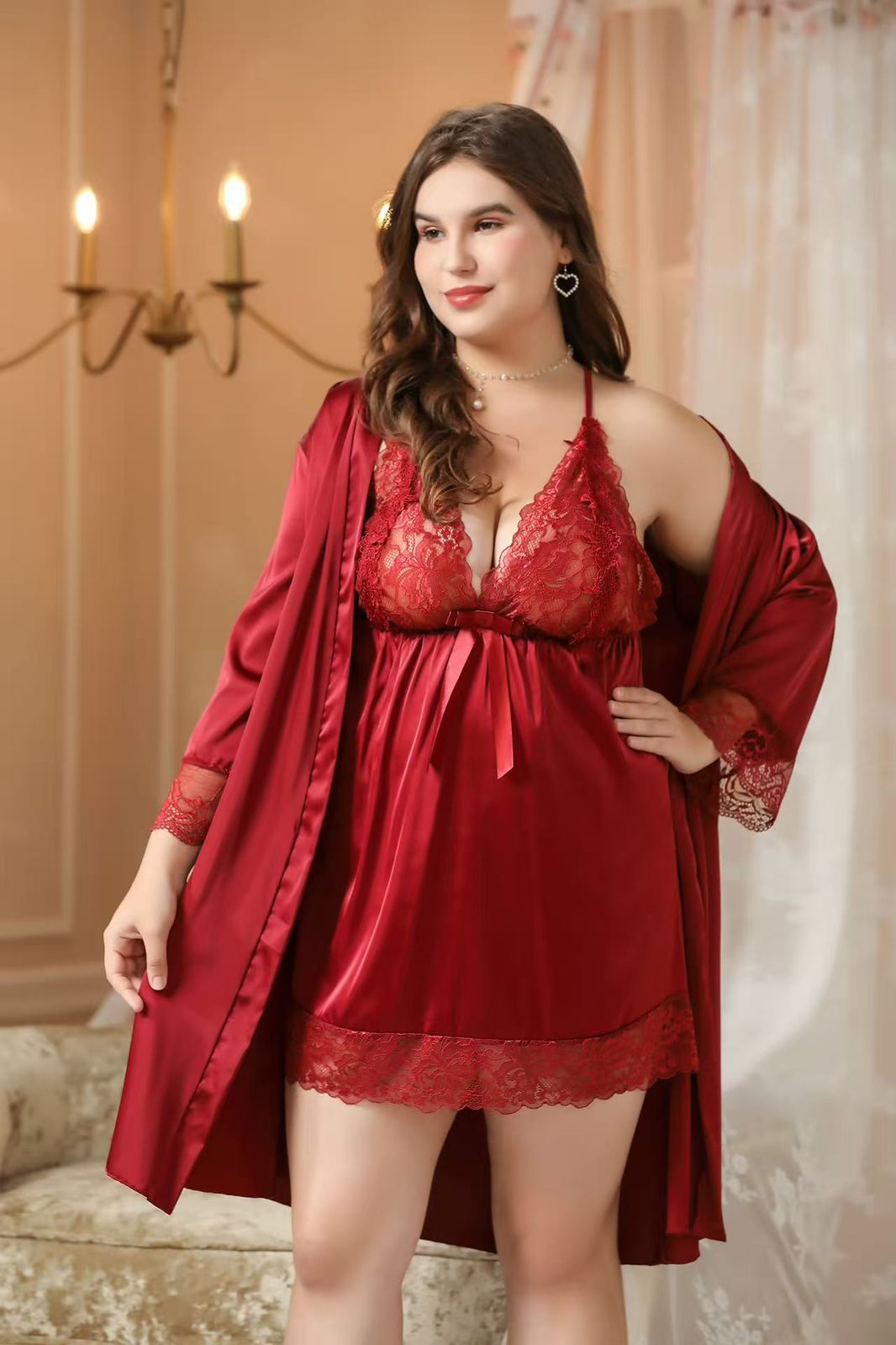 All Size Lace Babydoll Lingerie Set with Matching Robe Chemise Nightgown Honeymoon & Nightwear